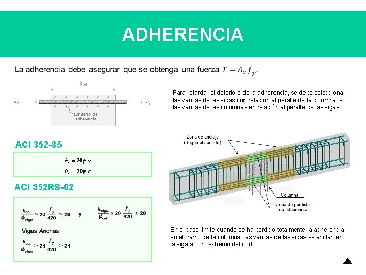 ADHERENCIA Para retardar el deterioro de la adherencia, se debe seleccionar las varillas de ADHERENCIA Para retardar el deterioro de la adherencia, se debe seleccionar las varillas de