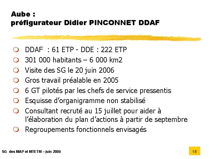 Aube : préfigurateur Didier PINCONNET DDAF : 61 ETP - DDE : 222 ETP