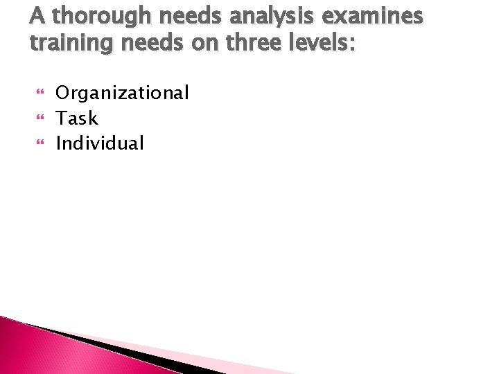 A thorough needs analysis examines training needs on three levels: Organizational Task Individual 