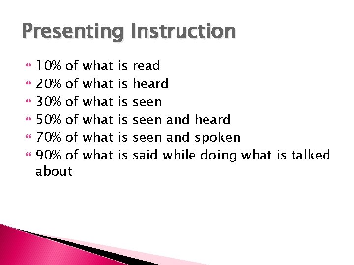 Presenting Instruction 10% of 20% of 30% of 50% of 70% of 90% of