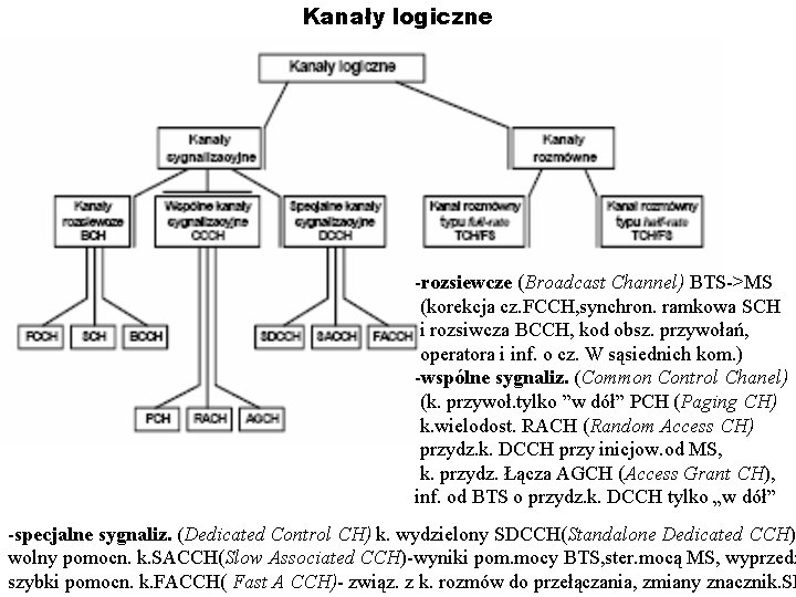 Kanały logiczne -rozsiewcze (Broadcast Channel) BTS->MS (korekcja cz. FCCH, synchron. ramkowa SCH i rozsiwcza