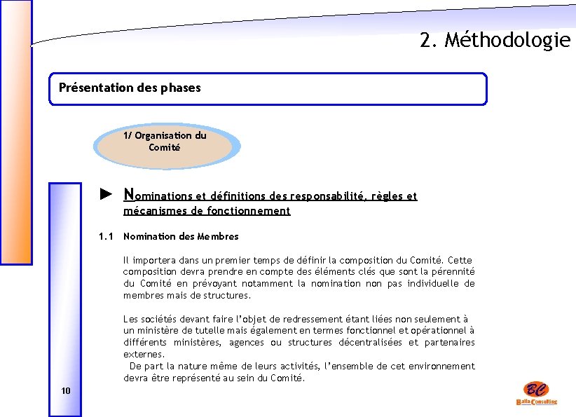 2. Méthodologie Présentation des phases 1/ Organisation du Comité ► Nominations et définitions des