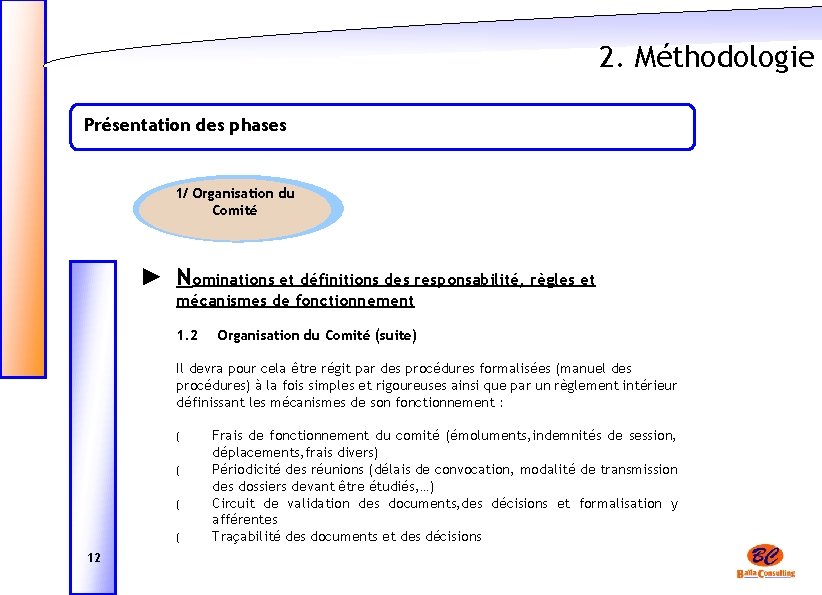 2. Méthodologie Présentation des phases 1/ Organisation du Comité ► Nominations et définitions des