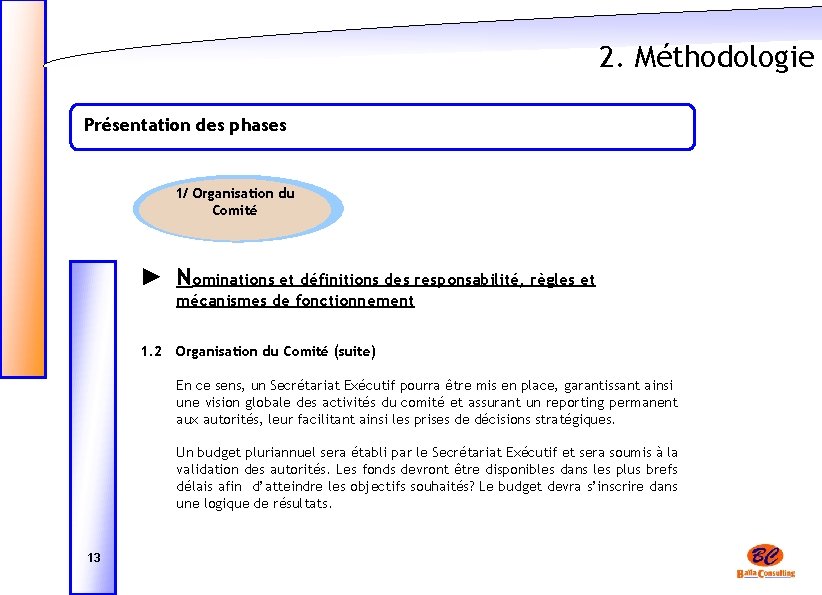 2. Méthodologie Présentation des phases 1/ Organisation du Comité ► Nominations et définitions des