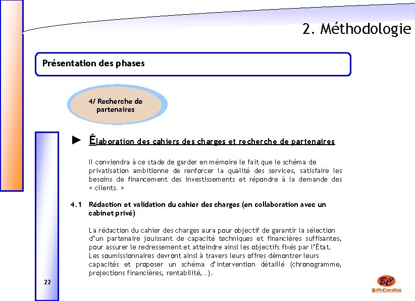 2. Méthodologie Présentation des phases 4/ Recherche de partenaires ► Élaboration des cahiers des