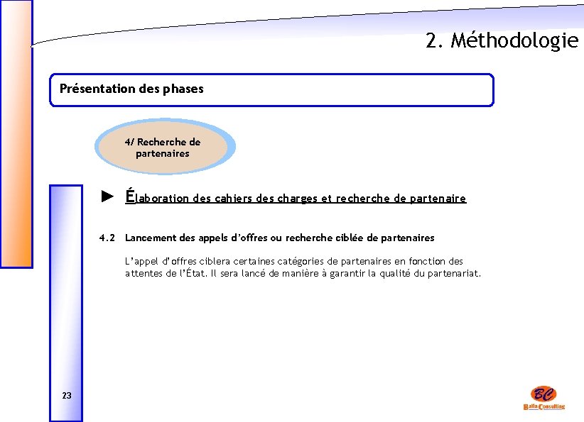 2. Méthodologie Présentation des phases 4/ Recherche de partenaires ► Élaboration des cahiers des