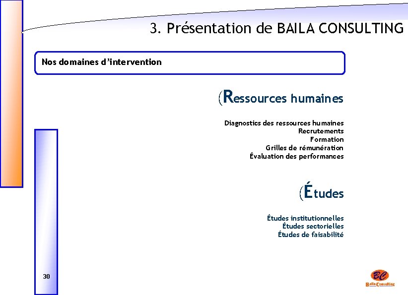 3. Présentation de BAILA CONSULTING Nos domaines d’intervention (Ressources humaines Diagnostics des ressources humaines