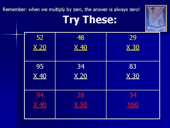 Remember: when we multiply by zero, the answer is always zero! Try These: 52