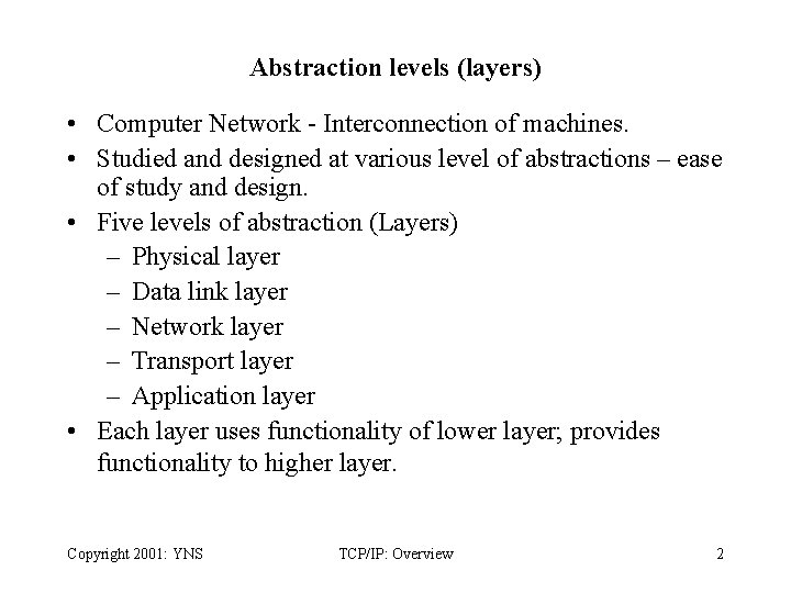 Abstraction levels (layers) • Computer Network - Interconnection of machines. • Studied and designed