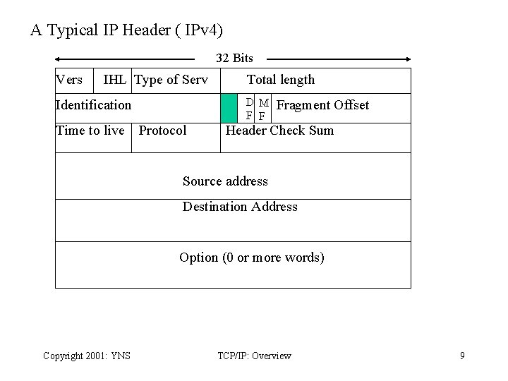 A Typical IP Header ( IPv 4) 32 Bits Vers IHL Type of Serv