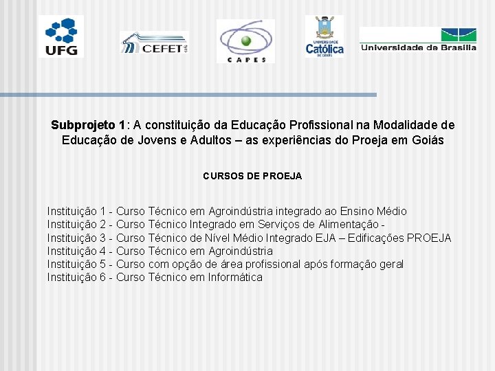 Subprojeto 1: A constituição da Educação Profissional na Modalidade de Educação de Jovens e