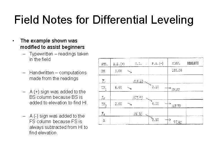 Field Notes for Differential Leveling • The example shown was modified to assist beginners