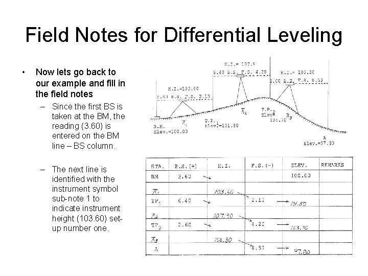 Field Notes for Differential Leveling • Now lets go back to our example and