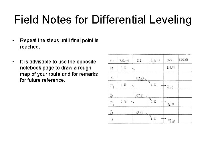 Field Notes for Differential Leveling • Repeat the steps until final point is reached.