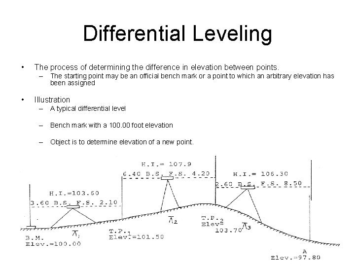 Differential Leveling • The process of determining the difference in elevation between points. –