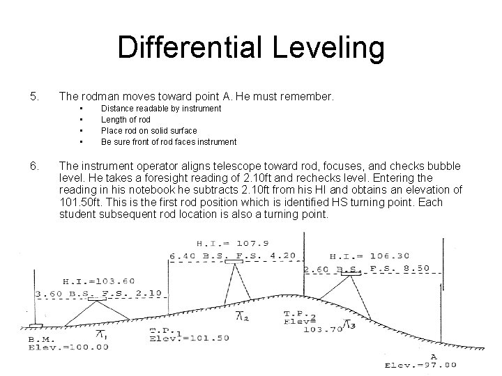 Differential Leveling 5. The rodman moves toward point A. He must remember. • •