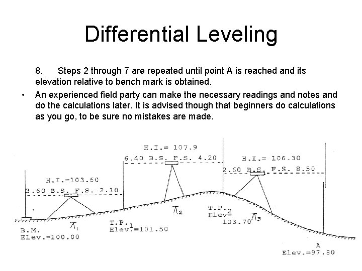 Differential Leveling • 8. Steps 2 through 7 are repeated until point A is