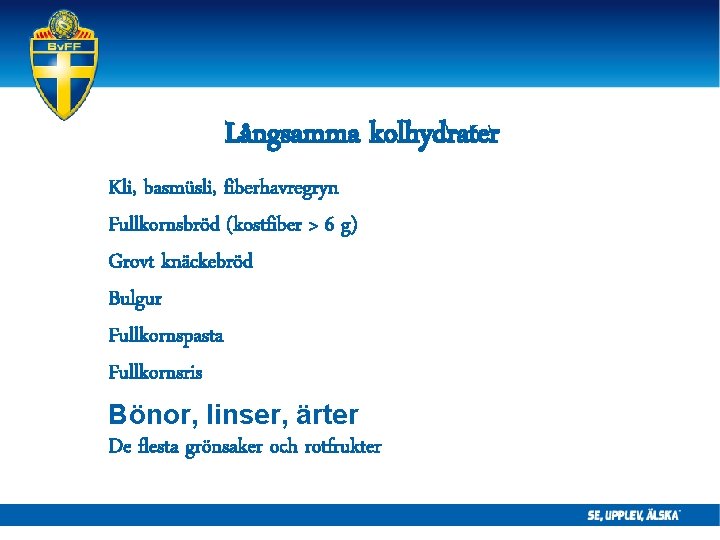 Långsamma kolhydrater Kli, basmüsli, fiberhavregryn Fullkornsbröd (kostfiber > 6 g) Grovt knäckebröd Bulgur Fullkornspasta Långsamma kolhydrater Kli, basmüsli, fiberhavregryn Fullkornsbröd (kostfiber > 6 g) Grovt knäckebröd Bulgur Fullkornspasta