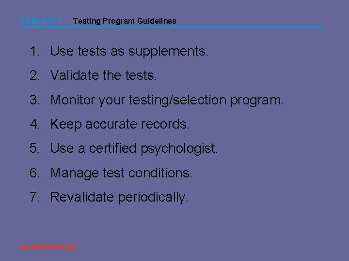 TABLE 6– 1 Testing Program Guidelines 1. Use tests as supplements. 2. Validate the