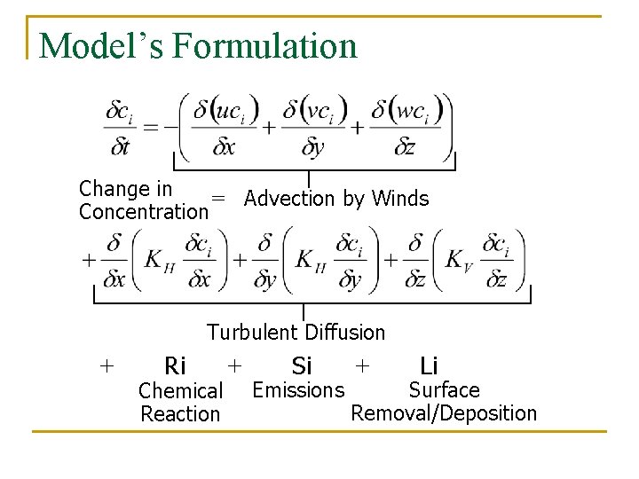 Model’s Formulation Change in = Advection by Winds Concentration Turbulent Diffusion + Ri Chemical