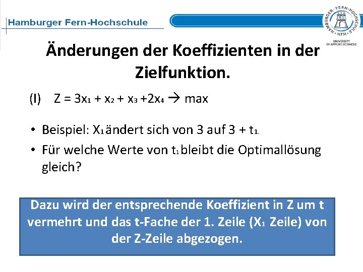 Änderungen der Koeffizienten in der Zielfunktion. (I) Z = 3 x 1 + x