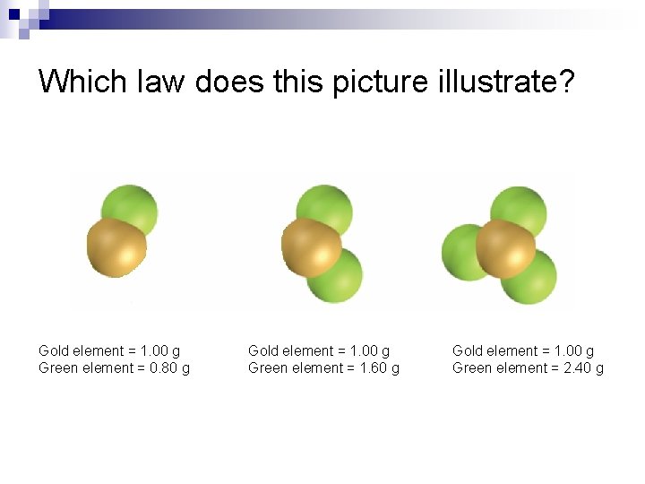 Which law does this picture illustrate? Gold element = 1. 00 g Green element