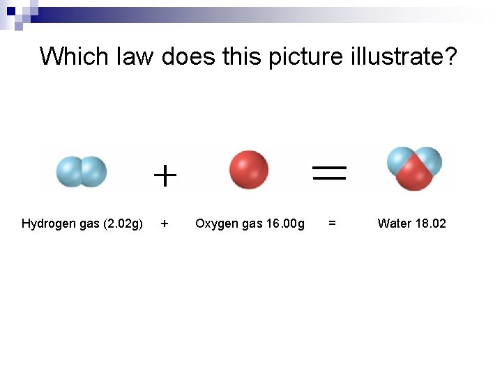 Which law does this picture illustrate? Hydrogen gas (2. 02 g) + Oxygen gas