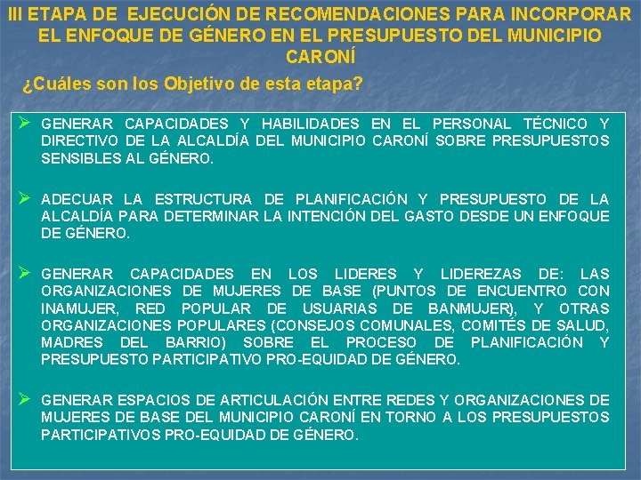 III ETAPA DE EJECUCIÓN DE RECOMENDACIONES PARA INCORPORAR EL ENFOQUE DE GÉNERO EN EL