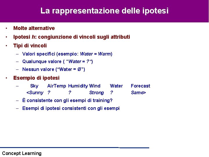 La rappresentazione delle ipotesi • Molte alternative • Ipotesi h: congiunzione di vincoli sugli La rappresentazione delle ipotesi • Molte alternative • Ipotesi h: congiunzione di vincoli sugli