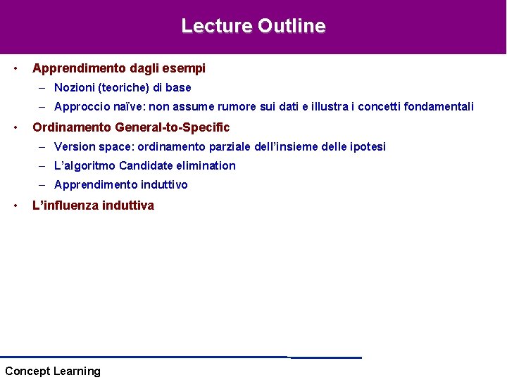 Lecture Outline • Apprendimento dagli esempi – Nozioni (teoriche) di base – Approccio naïve: Lecture Outline • Apprendimento dagli esempi – Nozioni (teoriche) di base – Approccio naïve: