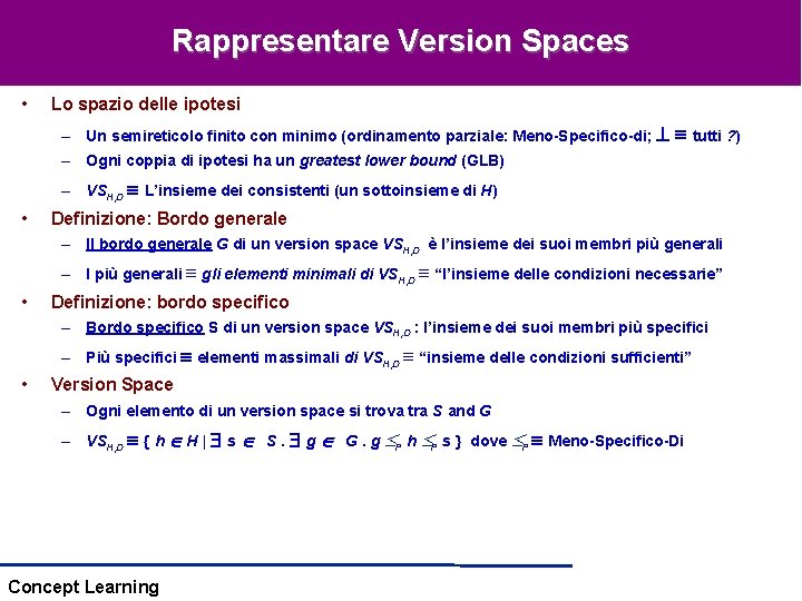 Rappresentare Version Spaces • Lo spazio delle ipotesi – Un semireticolo finito con minimo Rappresentare Version Spaces • Lo spazio delle ipotesi – Un semireticolo finito con minimo