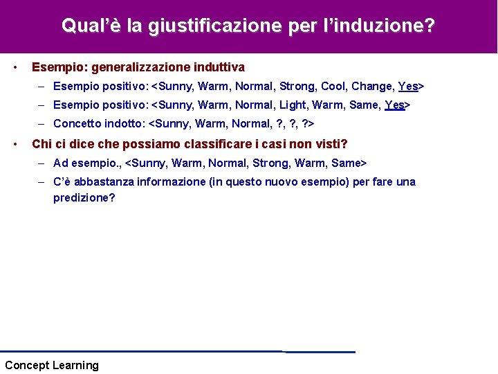 Qual’è la giustificazione per l’induzione? • Esempio: generalizzazione induttiva – Esempio positivo: <Sunny, Warm, Qual’è la giustificazione per l’induzione? • Esempio: generalizzazione induttiva – Esempio positivo: <Sunny, Warm,