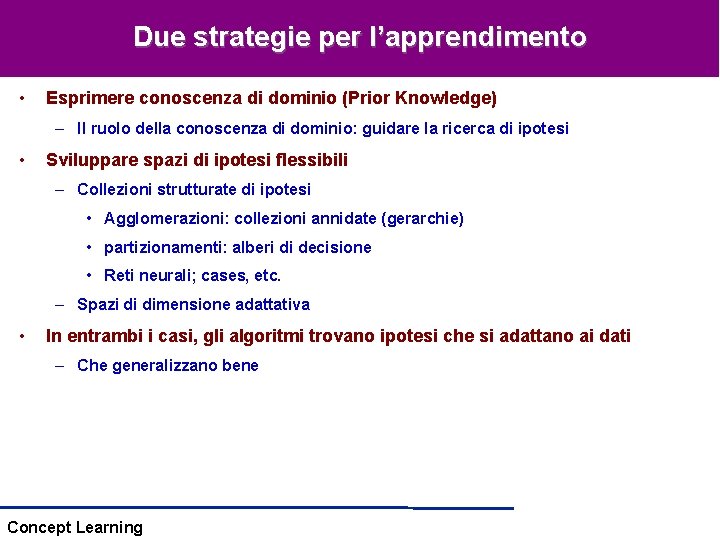 Due strategie per l’apprendimento • Esprimere conoscenza di dominio (Prior Knowledge) – Il ruolo Due strategie per l’apprendimento • Esprimere conoscenza di dominio (Prior Knowledge) – Il ruolo