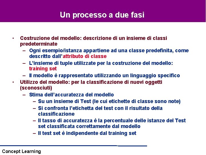 Un processo a due fasi • • Costruzione del modello: descrizione di un insieme Un processo a due fasi • • Costruzione del modello: descrizione di un insieme
