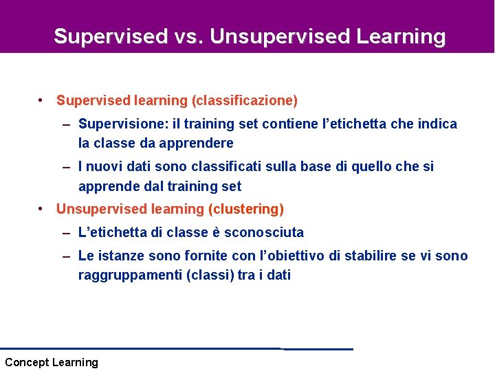 Supervised vs. Unsupervised Learning • Supervised learning (classificazione) – Supervisione: il training set contiene Supervised vs. Unsupervised Learning • Supervised learning (classificazione) – Supervisione: il training set contiene