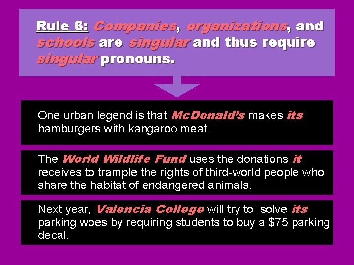 Rule 6: Companies, organizations, and schools are singular and thus require singular pronouns. One