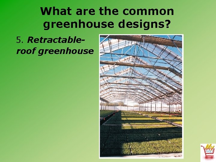 What are the common greenhouse designs? 5. Retractableroof greenhouse 