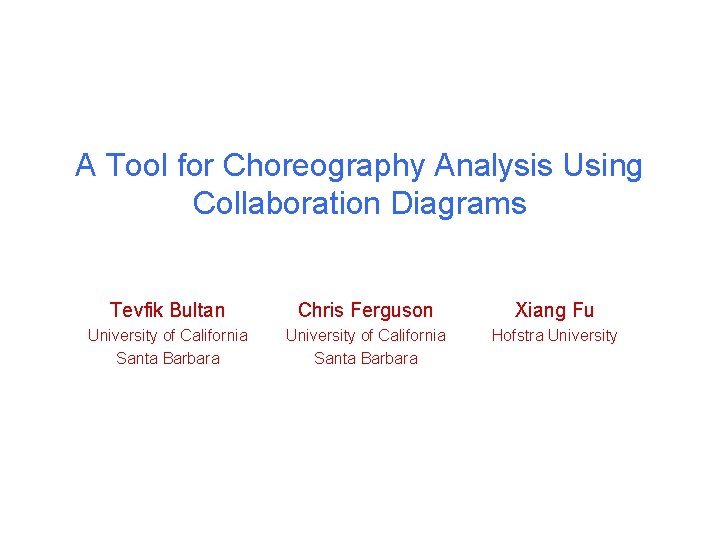 A Tool for Choreography Analysis Using Collaboration Diagrams Tevfik Bultan Chris Ferguson Xiang Fu