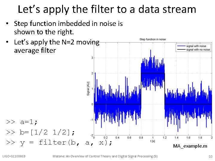 Let’s apply the filter to a data stream • Step function imbedded in noise