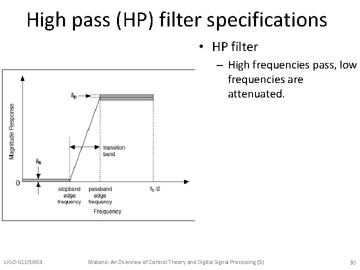 High pass (HP) filter specifications • HP filter – High frequencies pass, low frequencies