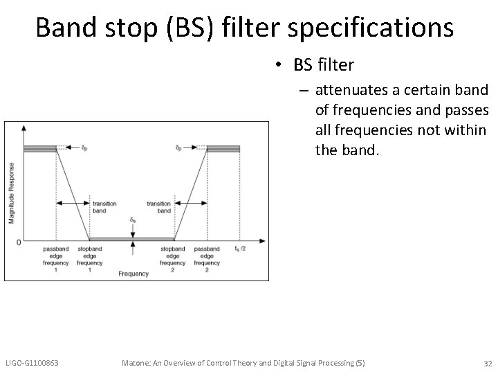 Band stop (BS) filter specifications • BS filter – attenuates a certain band of