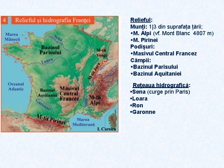 Relieful: Munți: 1|3 din suprafața țării; §M. Alpi (vf. Mont Blanc 4807 m) §M.