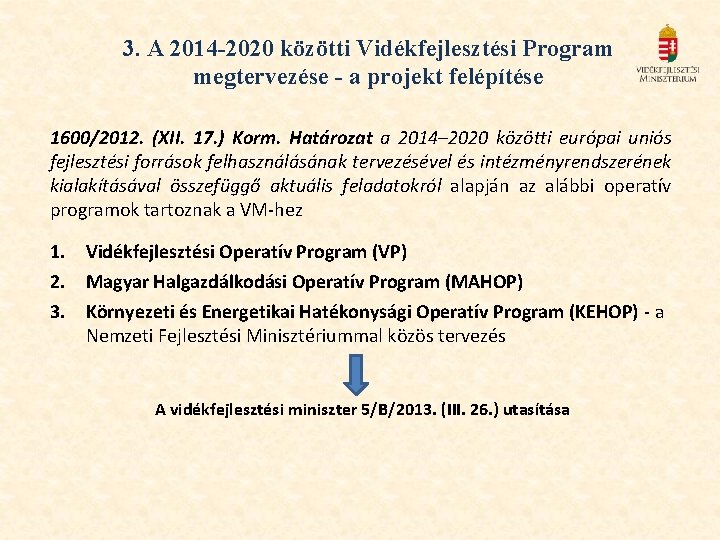 3. A 2014 -2020 közötti Vidékfejlesztési Program megtervezése - a projekt felépítése 1600/2012. (XII.