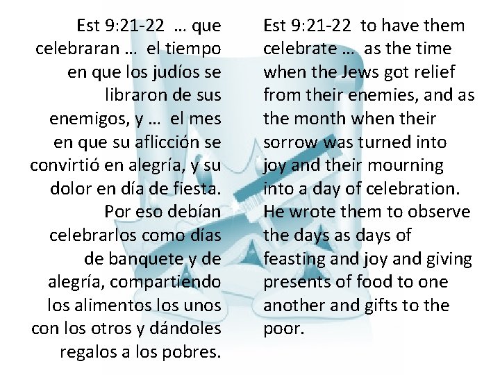 Est 9: 21 -22 … que celebraran … el tiempo en que los judíos Est 9: 21 -22 … que celebraran … el tiempo en que los judíos