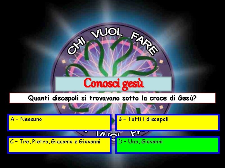 Conosci gesù Quanti discepoli si trovavano sotto la croce di Gesù? A – Nessuno Conosci gesù Quanti discepoli si trovavano sotto la croce di Gesù? A – Nessuno