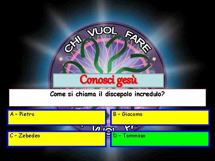 Conosci gesù Come si chiama il discepolo incredulo? A – Pietro B – Giacomo