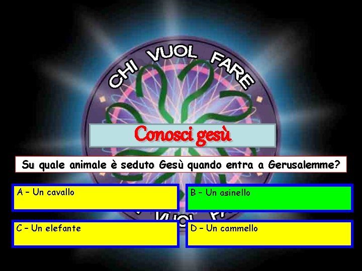 Conosci gesù Su quale animale è seduto Gesù quando entra a Gerusalemme? A – Conosci gesù Su quale animale è seduto Gesù quando entra a Gerusalemme? A –