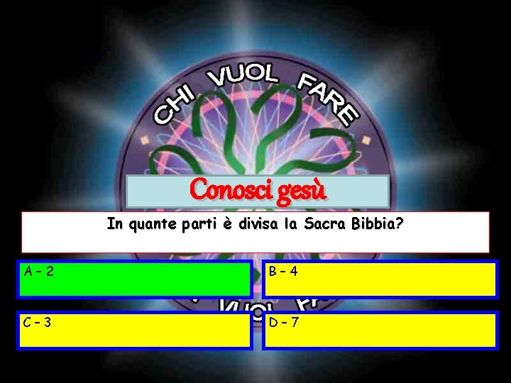 Conosci gesù In quante parti è divisa la Sacra Bibbia? A– 2 B– 4