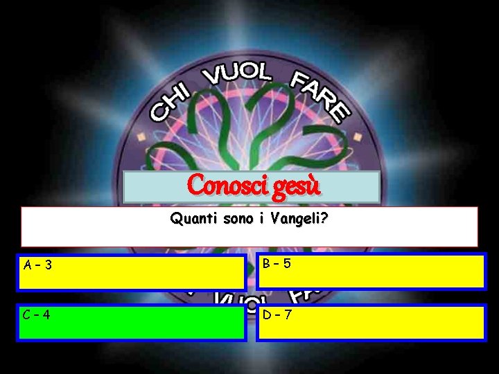 Conosci gesù Quanti sono i Vangeli? A– 3 B– 5 C– 4 D– 7