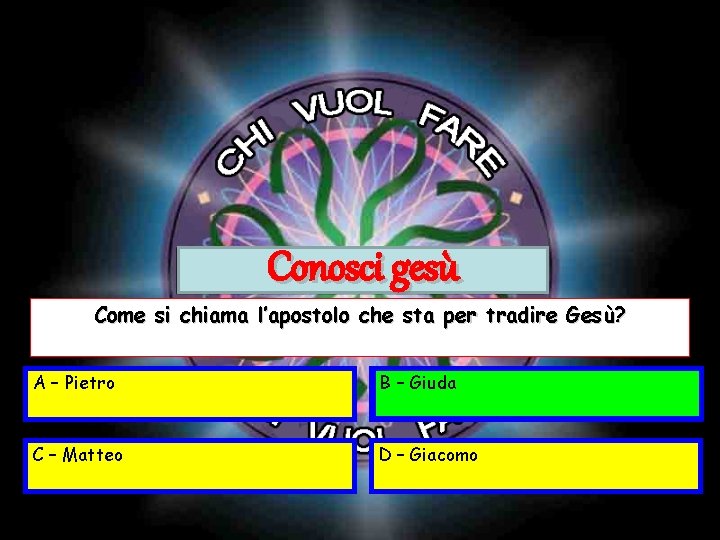 Conosci gesù Come si chiama l’apostolo che sta per tradire Gesù? A – Pietro